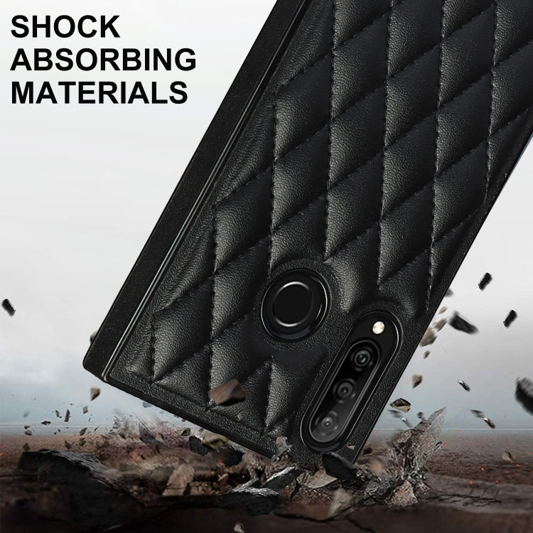 For Huawei P30 Lite Elegant Rhombic Pattern Microfiber Leather +TPU Shockproof Case with Crossbody Strap Chain