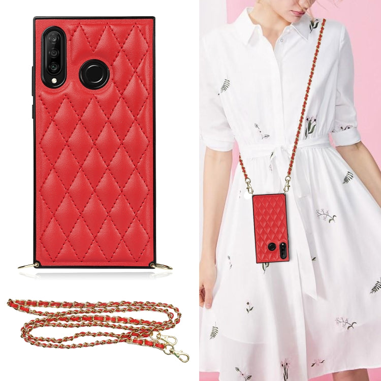 For Huawei P30 Lite Elegant Rhombic Pattern Microfiber Leather +TPU Shockproof Case with Crossbody Strap Chain