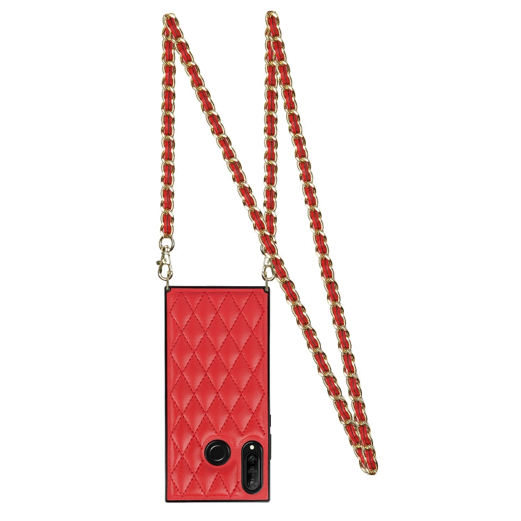 For Huawei P30 Lite Elegant Rhombic Pattern Microfiber Leather +TPU Shockproof Case with Crossbody Strap Chain