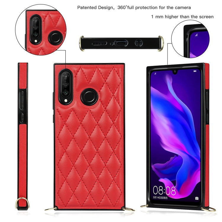 For Huawei P30 Lite Elegant Rhombic Pattern Microfiber Leather +TPU Shockproof Case with Crossbody Strap Chain