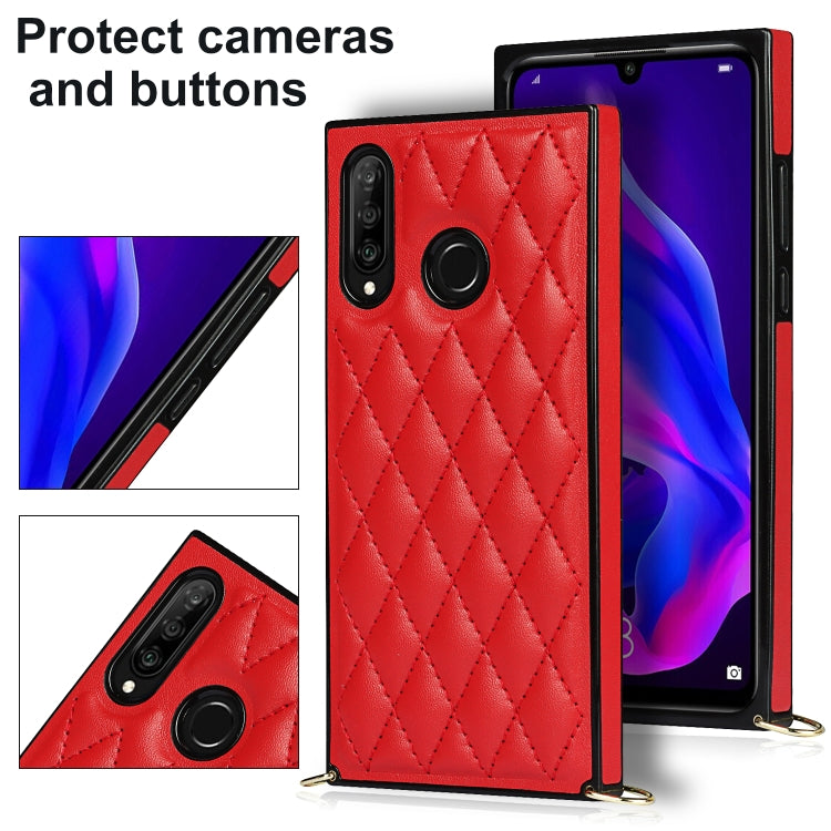 For Huawei P30 Lite Elegant Rhombic Pattern Microfiber Leather +TPU Shockproof Case with Crossbody Strap Chain