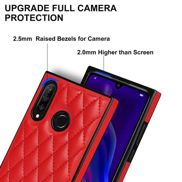 For Huawei P30 Lite Elegant Rhombic Pattern Microfiber Leather +TPU Shockproof Case with Crossbody Strap Chain