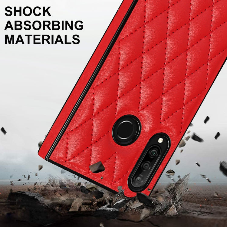 For Huawei P30 Lite Elegant Rhombic Pattern Microfiber Leather +TPU Shockproof Case with Crossbody Strap Chain