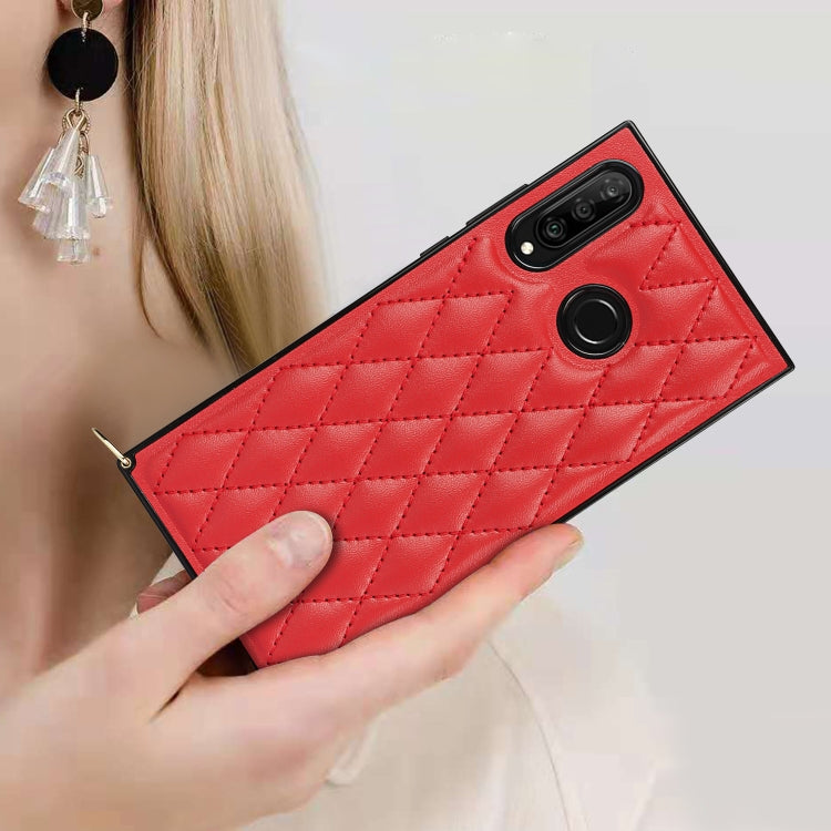 For Huawei P30 Lite Elegant Rhombic Pattern Microfiber Leather +TPU Shockproof Case with Crossbody Strap Chain