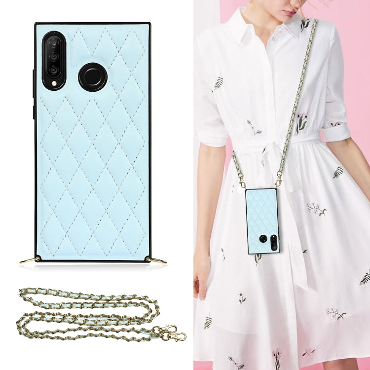 For Huawei P30 Lite Elegant Rhombic Pattern Microfiber Leather +TPU Shockproof Case with Crossbody Strap Chain