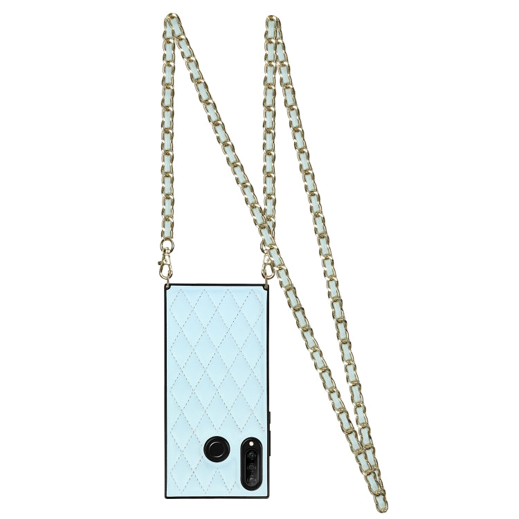 For Huawei P30 Lite Elegant Rhombic Pattern Microfiber Leather +TPU Shockproof Case with Crossbody Strap Chain