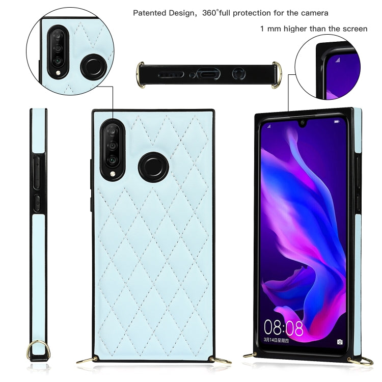 For Huawei P30 Lite Elegant Rhombic Pattern Microfiber Leather +TPU Shockproof Case with Crossbody Strap Chain