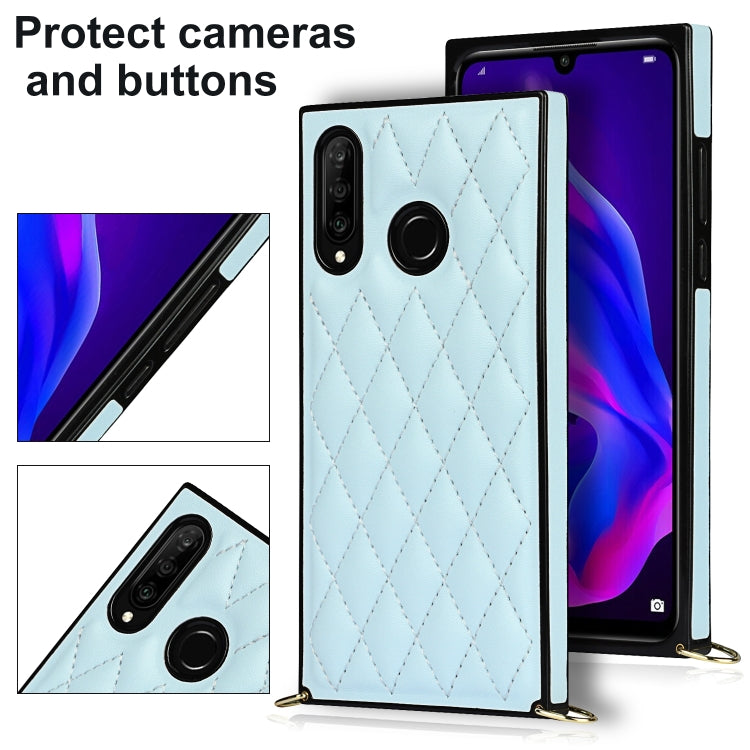 For Huawei P30 Lite Elegant Rhombic Pattern Microfiber Leather +TPU Shockproof Case with Crossbody Strap Chain