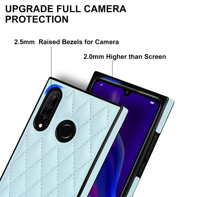 For Huawei P30 Lite Elegant Rhombic Pattern Microfiber Leather +TPU Shockproof Case with Crossbody Strap Chain