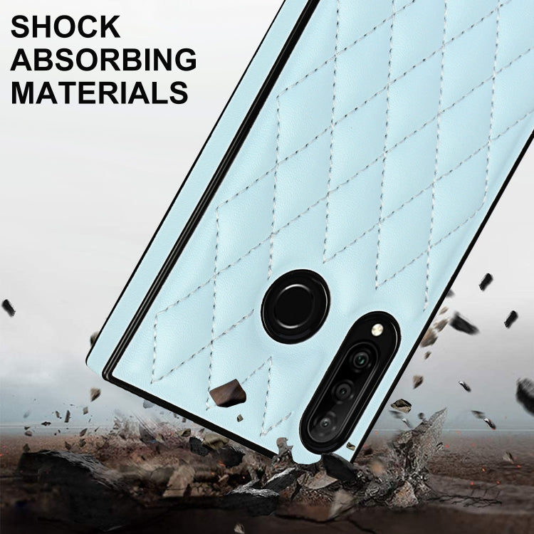 For Huawei P30 Lite Elegant Rhombic Pattern Microfiber Leather +TPU Shockproof Case with Crossbody Strap Chain