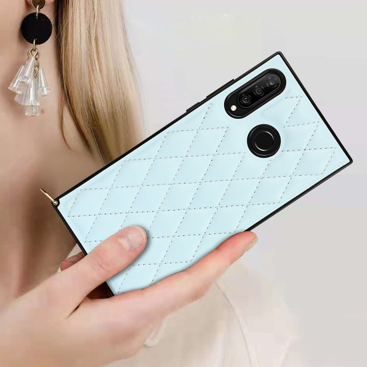 For Huawei P30 Lite Elegant Rhombic Pattern Microfiber Leather +TPU Shockproof Case with Crossbody Strap Chain