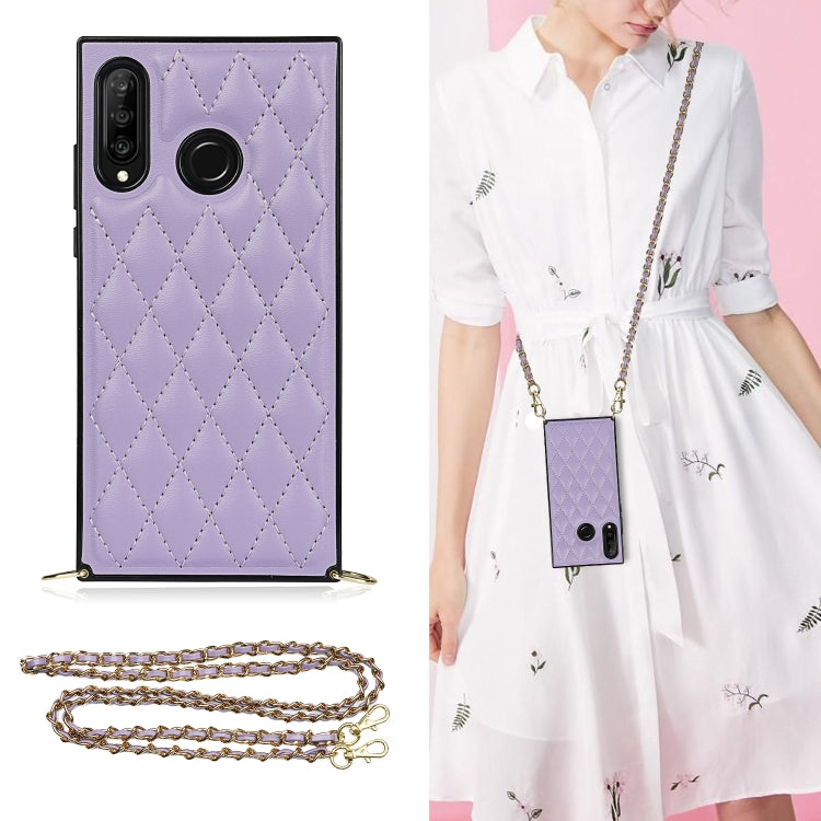 For Huawei P30 Lite Elegant Rhombic Pattern Microfiber Leather +TPU Shockproof Case with Crossbody Strap Chain