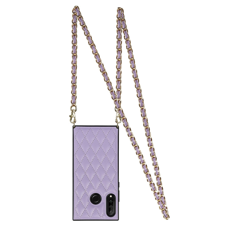 For Huawei P30 Lite Elegant Rhombic Pattern Microfiber Leather +TPU Shockproof Case with Crossbody Strap Chain