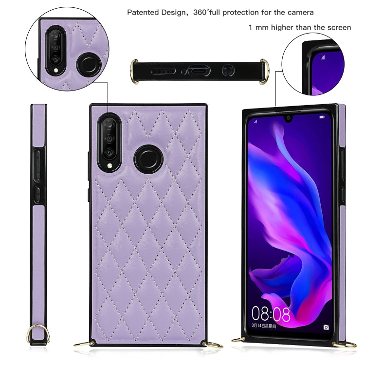 For Huawei P30 Lite Elegant Rhombic Pattern Microfiber Leather +TPU Shockproof Case with Crossbody Strap Chain