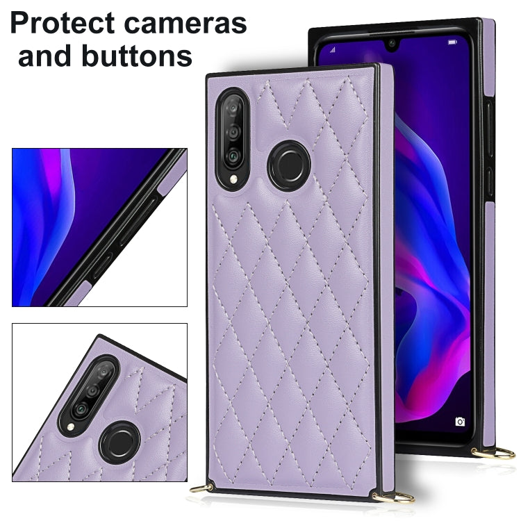 For Huawei P30 Lite Elegant Rhombic Pattern Microfiber Leather +TPU Shockproof Case with Crossbody Strap Chain