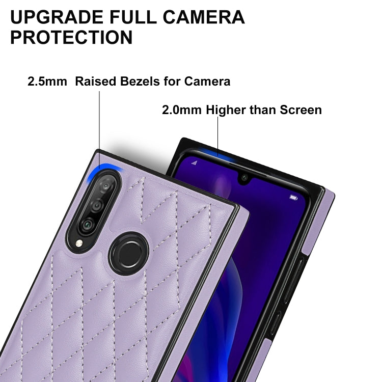 For Huawei P30 Lite Elegant Rhombic Pattern Microfiber Leather +TPU Shockproof Case with Crossbody Strap Chain