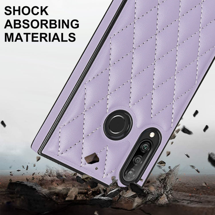 For Huawei P30 Lite Elegant Rhombic Pattern Microfiber Leather +TPU Shockproof Case with Crossbody Strap Chain