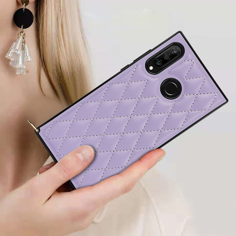 For Huawei P30 Lite Elegant Rhombic Pattern Microfiber Leather +TPU Shockproof Case with Crossbody Strap Chain