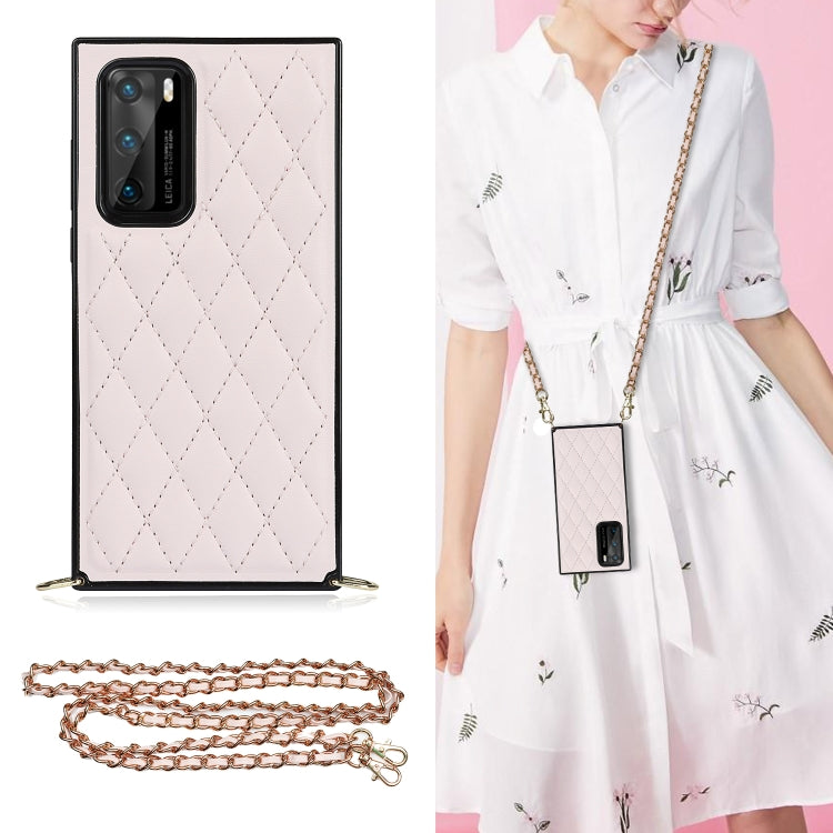 For Huawei P40 Elegant Rhombic Pattern Microfiber Leather +TPU Shockproof Case with Crossbody Strap Chain