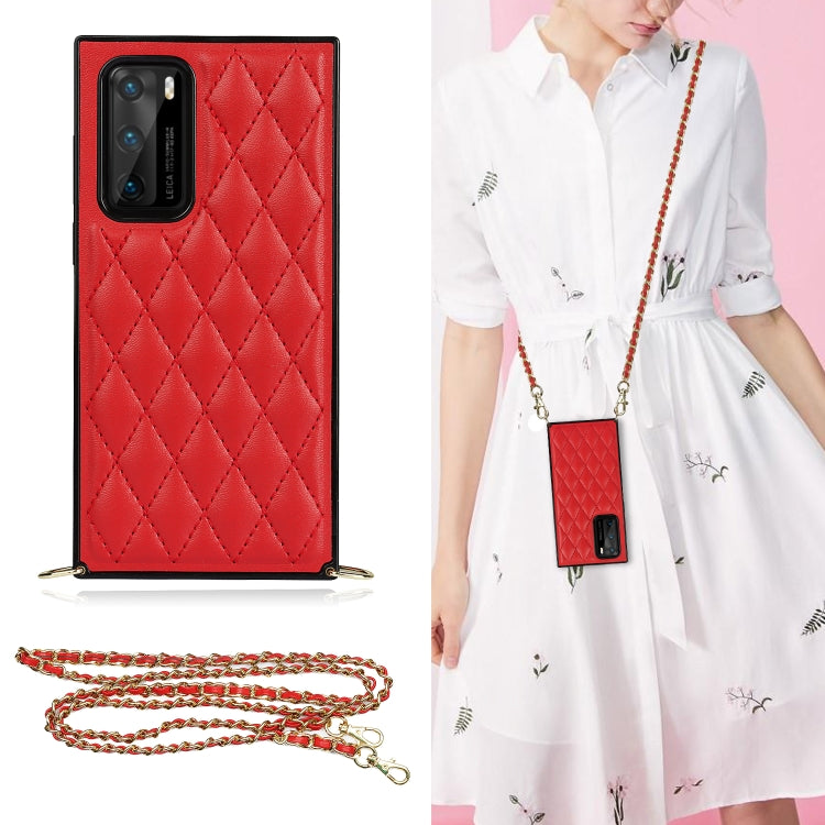 For Huawei P40 Elegant Rhombic Pattern Microfiber Leather +TPU Shockproof Case with Crossbody Strap Chain