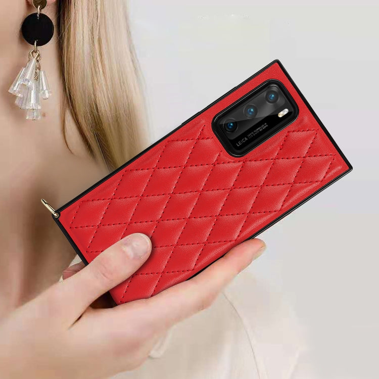 For Huawei P40 Elegant Rhombic Pattern Microfiber Leather +TPU Shockproof Case with Crossbody Strap Chain