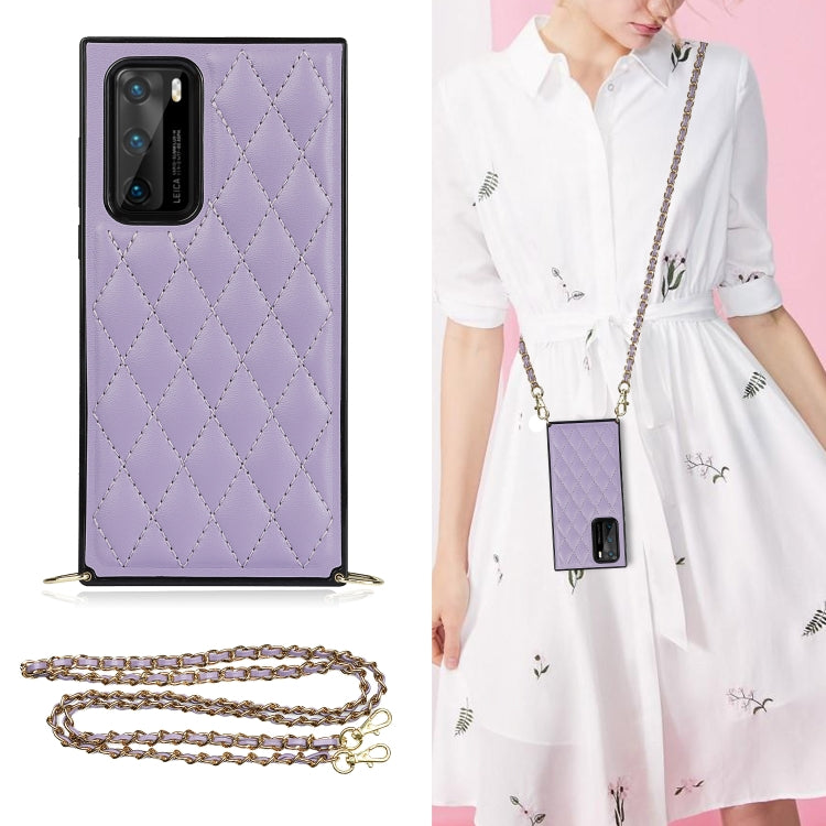 For Huawei P40 Elegant Rhombic Pattern Microfiber Leather +TPU Shockproof Case with Crossbody Strap Chain