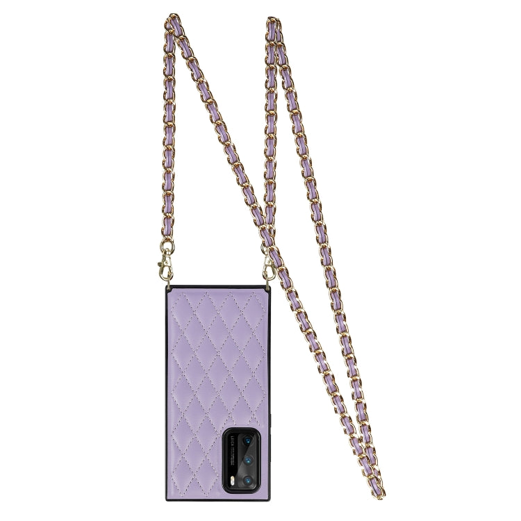 For Huawei P40 Elegant Rhombic Pattern Microfiber Leather +TPU Shockproof Case with Crossbody Strap Chain