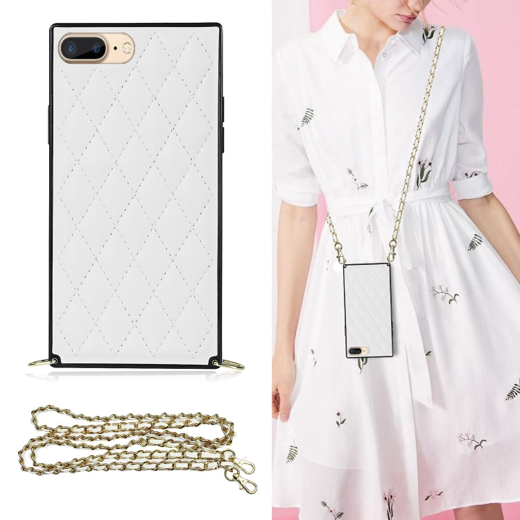 For iPhone SE 2022 / SE 2020 / 8 / 7 Elegant Rhombic Pattern Microfiber Leather +TPU Shockproof Case with Crossbody Strap Chain