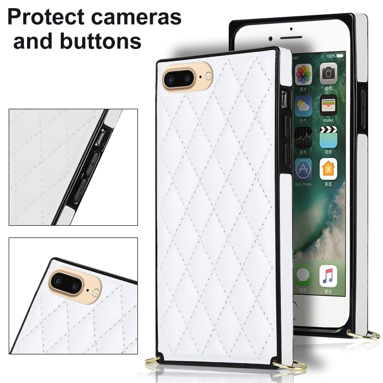 For iPhone SE 2022 / SE 2020 / 8 / 7 Elegant Rhombic Pattern Microfiber Leather +TPU Shockproof Case with Crossbody Strap Chain