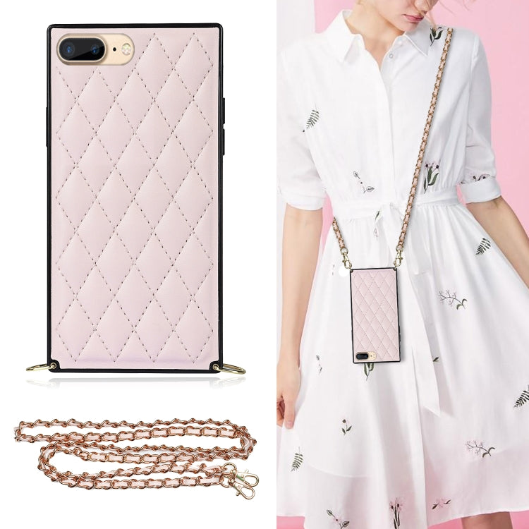 For iPhone SE 2022 / SE 2020 / 8 / 7 Elegant Rhombic Pattern Microfiber Leather +TPU Shockproof Case with Crossbody Strap Chain