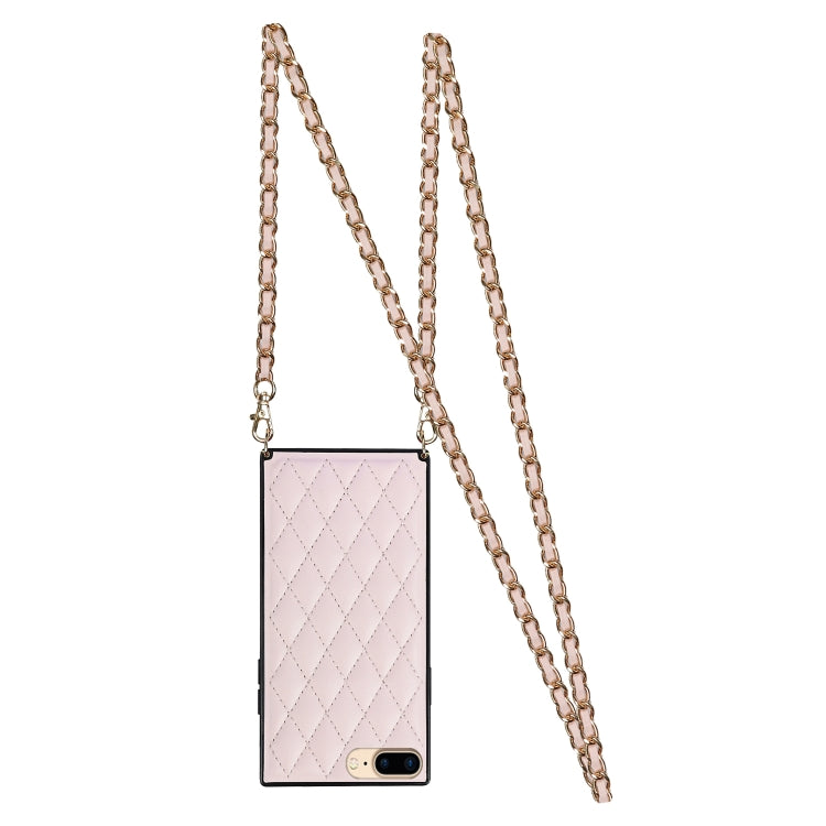 For iPhone SE 2022 / SE 2020 / 8 / 7 Elegant Rhombic Pattern Microfiber Leather +TPU Shockproof Case with Crossbody Strap Chain