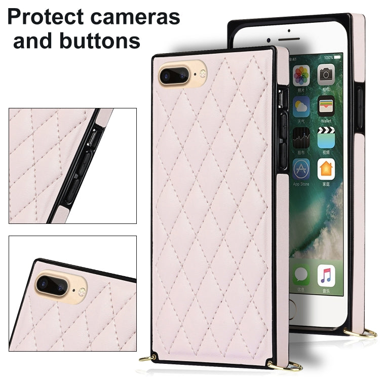 For iPhone SE 2022 / SE 2020 / 8 / 7 Elegant Rhombic Pattern Microfiber Leather +TPU Shockproof Case with Crossbody Strap Chain