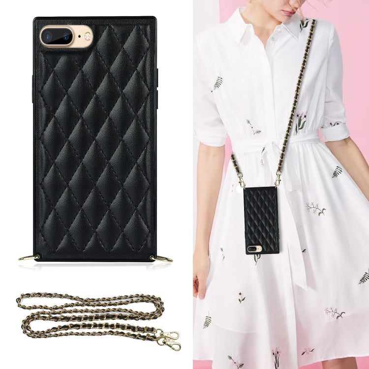 For iPhone SE 2022 / SE 2020 / 8 / 7 Elegant Rhombic Pattern Microfiber Leather +TPU Shockproof Case with Crossbody Strap Chain