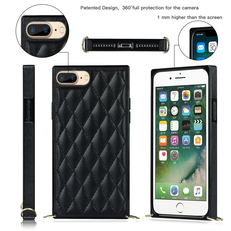 For iPhone SE 2022 / SE 2020 / 8 / 7 Elegant Rhombic Pattern Microfiber Leather +TPU Shockproof Case with Crossbody Strap Chain
