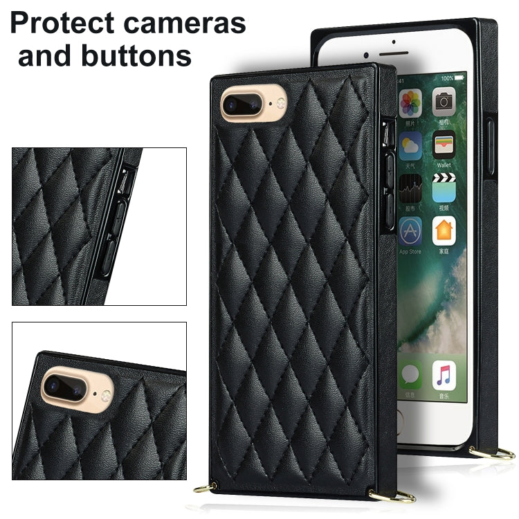 For iPhone SE 2022 / SE 2020 / 8 / 7 Elegant Rhombic Pattern Microfiber Leather +TPU Shockproof Case with Crossbody Strap Chain