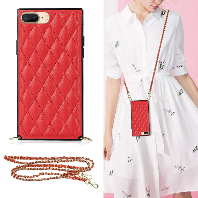 For iPhone SE 2022 / SE 2020 / 8 / 7 Elegant Rhombic Pattern Microfiber Leather +TPU Shockproof Case with Crossbody Strap Chain