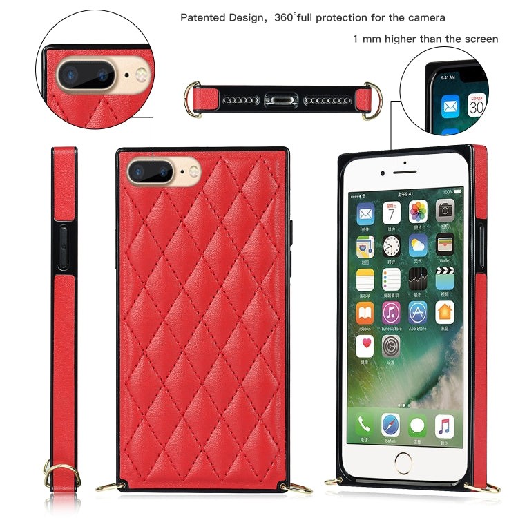 For iPhone SE 2022 / SE 2020 / 8 / 7 Elegant Rhombic Pattern Microfiber Leather +TPU Shockproof Case with Crossbody Strap Chain