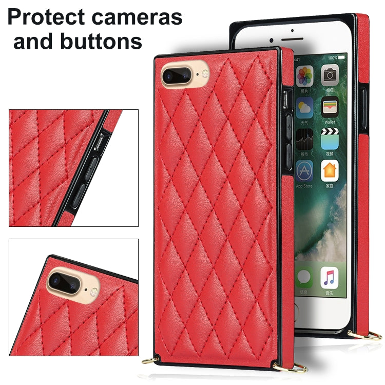 For iPhone SE 2022 / SE 2020 / 8 / 7 Elegant Rhombic Pattern Microfiber Leather +TPU Shockproof Case with Crossbody Strap Chain