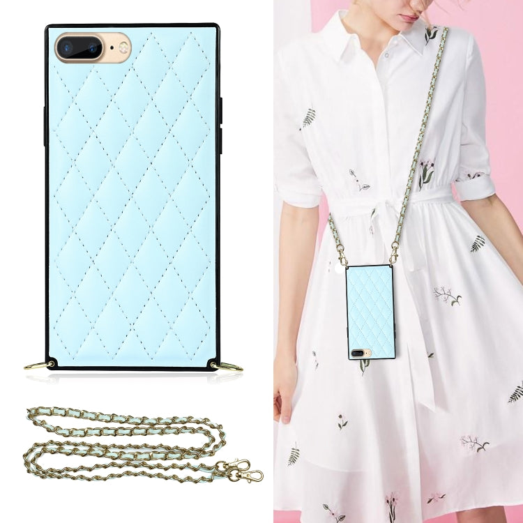 For iPhone SE 2022 / SE 2020 / 8 / 7 Elegant Rhombic Pattern Microfiber Leather +TPU Shockproof Case with Crossbody Strap Chain