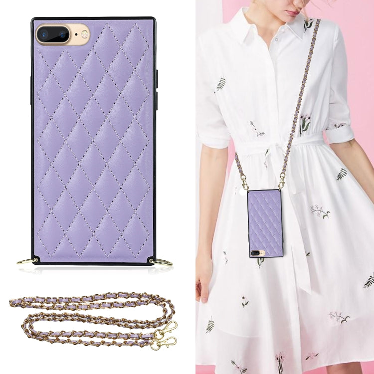 For iPhone SE 2022 / SE 2020 / 8 / 7 Elegant Rhombic Pattern Microfiber Leather +TPU Shockproof Case with Crossbody Strap Chain