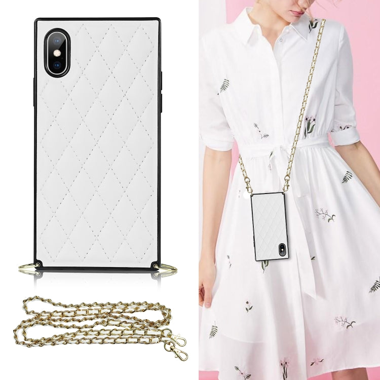 For iPhone X / XS Elegant Rhombic Pattern Microfiber Leather +TPU Shockproof Case with Crossbody Strap Chain
