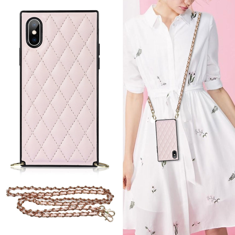 For iPhone X / XS Elegant Rhombic Pattern Microfiber Leather +TPU Shockproof Case with Crossbody Strap Chain