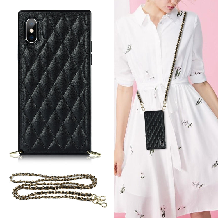 For iPhone X / XS Elegant Rhombic Pattern Microfiber Leather +TPU Shockproof Case with Crossbody Strap Chain