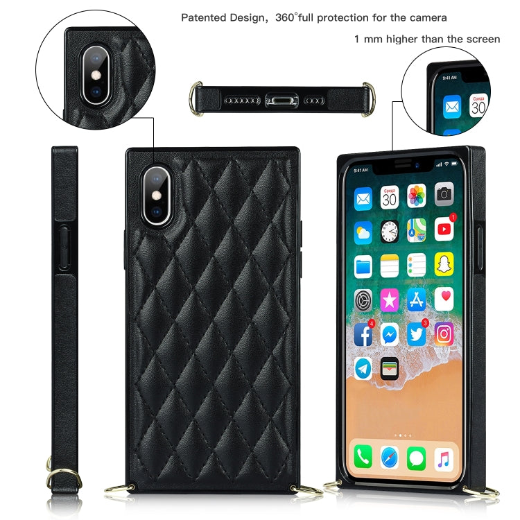 For iPhone X / XS Elegant Rhombic Pattern Microfiber Leather +TPU Shockproof Case with Crossbody Strap Chain
