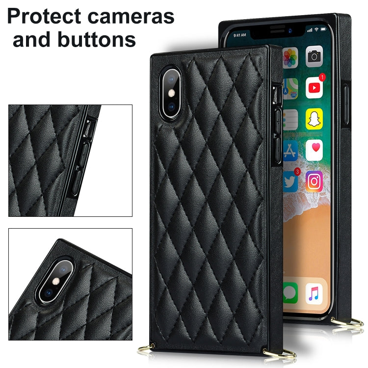 For iPhone X / XS Elegant Rhombic Pattern Microfiber Leather +TPU Shockproof Case with Crossbody Strap Chain