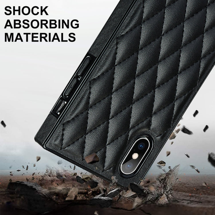 For iPhone X / XS Elegant Rhombic Pattern Microfiber Leather +TPU Shockproof Case with Crossbody Strap Chain