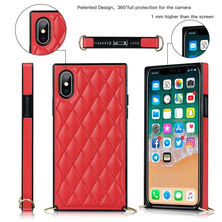 For iPhone X / XS Elegant Rhombic Pattern Microfiber Leather +TPU Shockproof Case with Crossbody Strap Chain