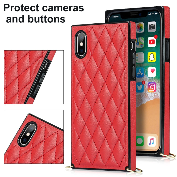 For iPhone X / XS Elegant Rhombic Pattern Microfiber Leather +TPU Shockproof Case with Crossbody Strap Chain