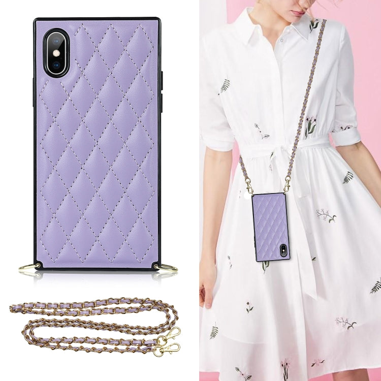 For iPhone X / XS Elegant Rhombic Pattern Microfiber Leather +TPU Shockproof Case with Crossbody Strap Chain