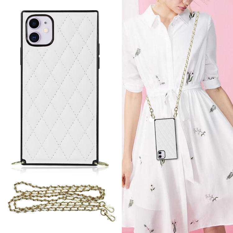 For iPhone 11 Elegant Rhombic Pattern Microfiber Leather +TPU Shockproof Case with Crossbody Strap Chain